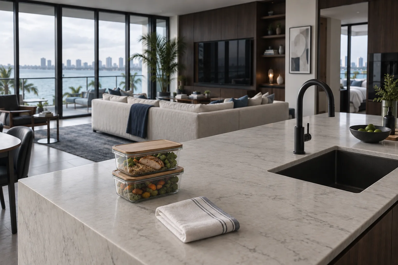 A carefully prepared waterfront home with a clean kitchen, cooked meals, and a comfortable living room.